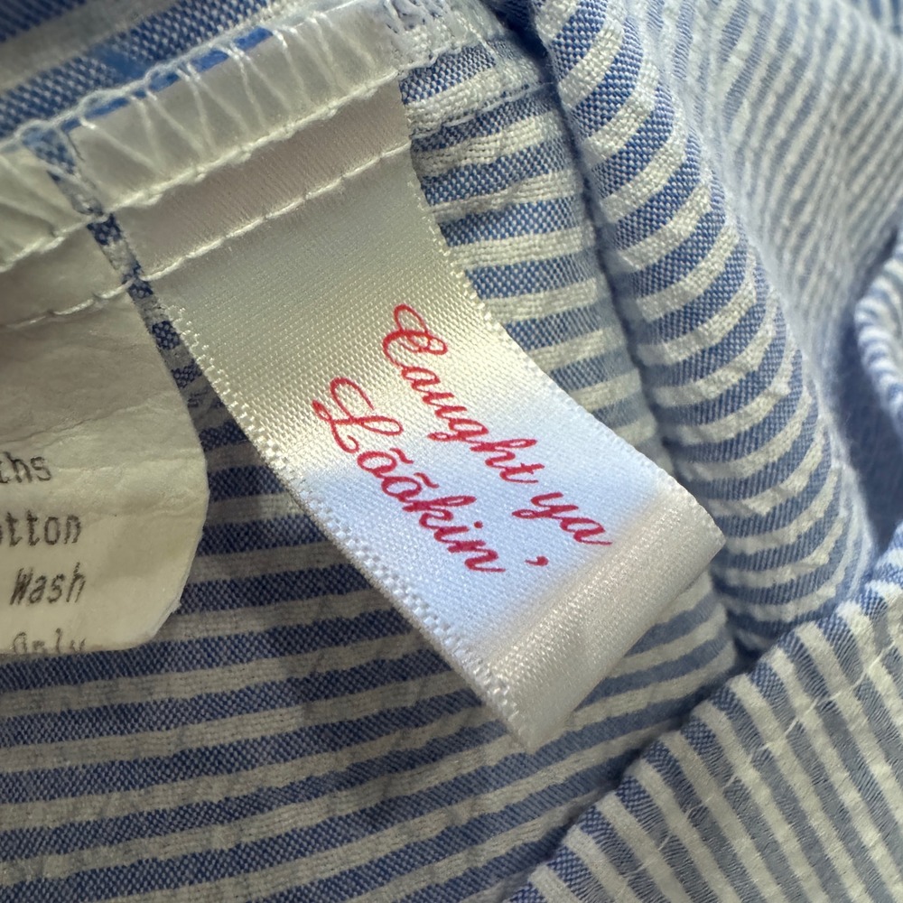Caught Ya Lookin Blue Seersucker Monogram E Ruffle Dress 18 Months USA Made - Picture 4 of 6